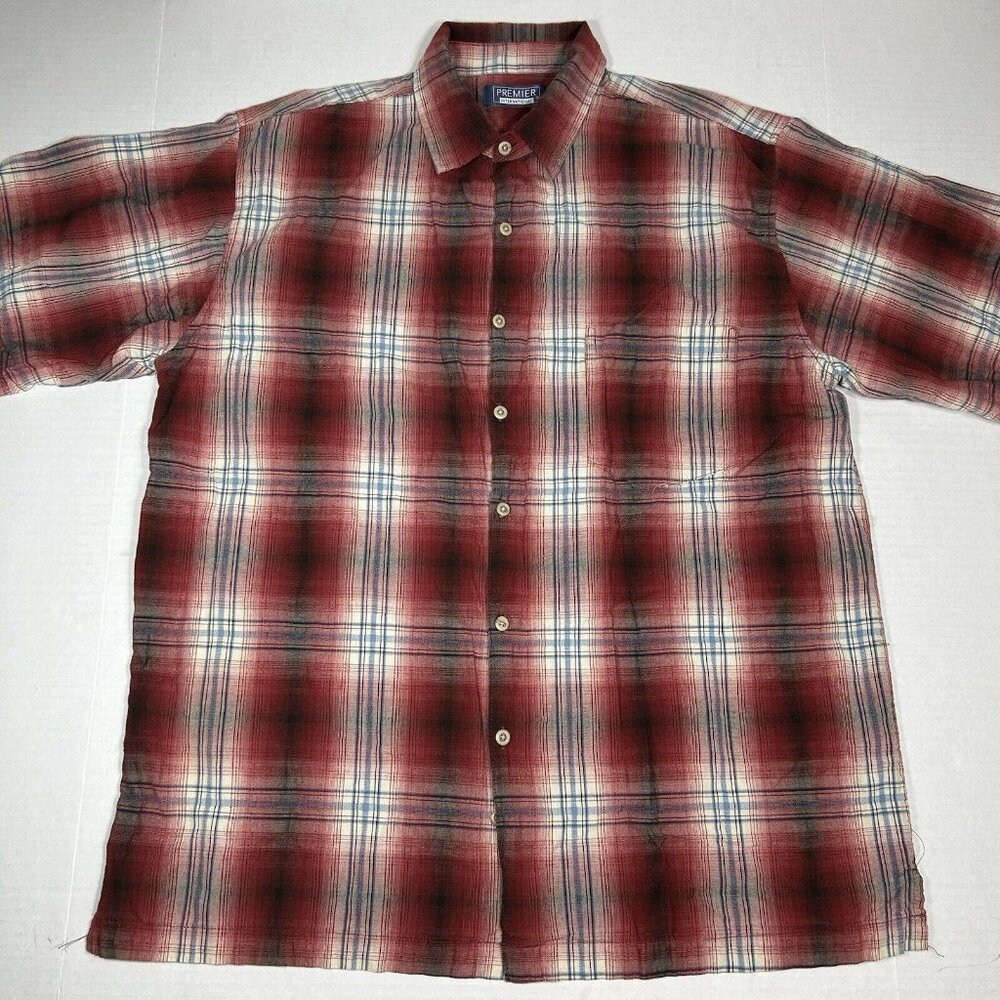 Premier International Mens Button Down Shirt Red Plaid Short Sleeve Pocket Sz L
